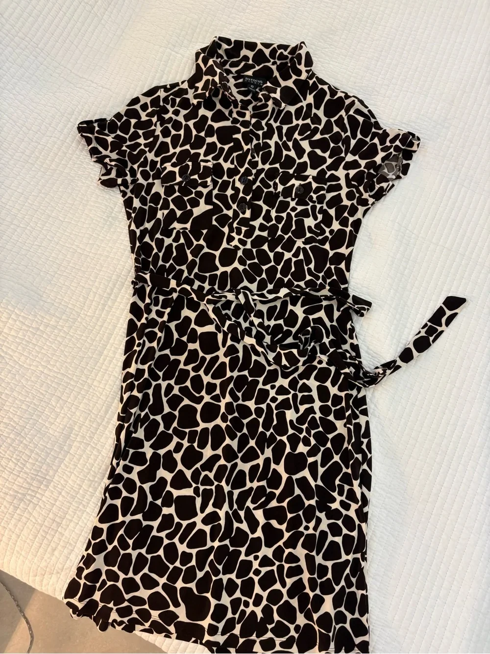 Short Brown and White Printed Shirt Dress